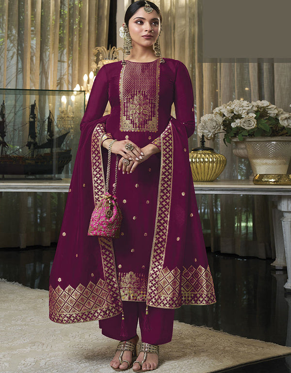 Trendy Traditional Party Wear Salwar Suit Purple Viscose Silk Pant Straight Front View